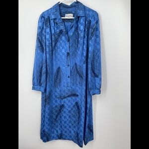 Vintage Damon ILGWU Silky Blue Dress Wheat Print XL 70s 26” Bust